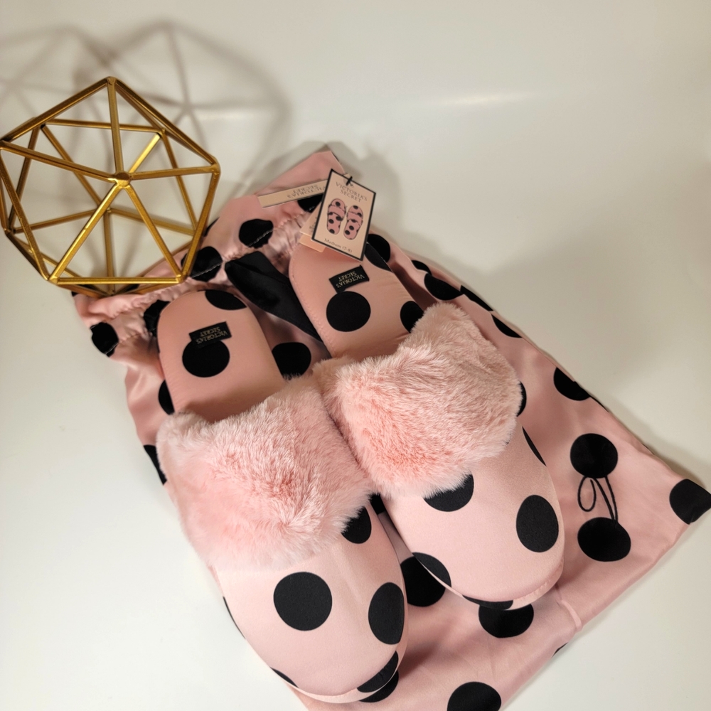 🆕️Victorias Secret, Faux Fur, Pink Polka Dot, 7-8, Slippers
